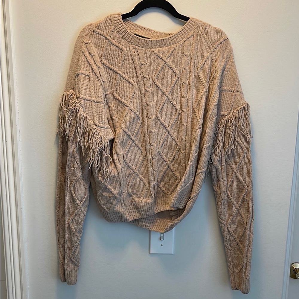 Fringe Cable Knit Sweater - Tan
